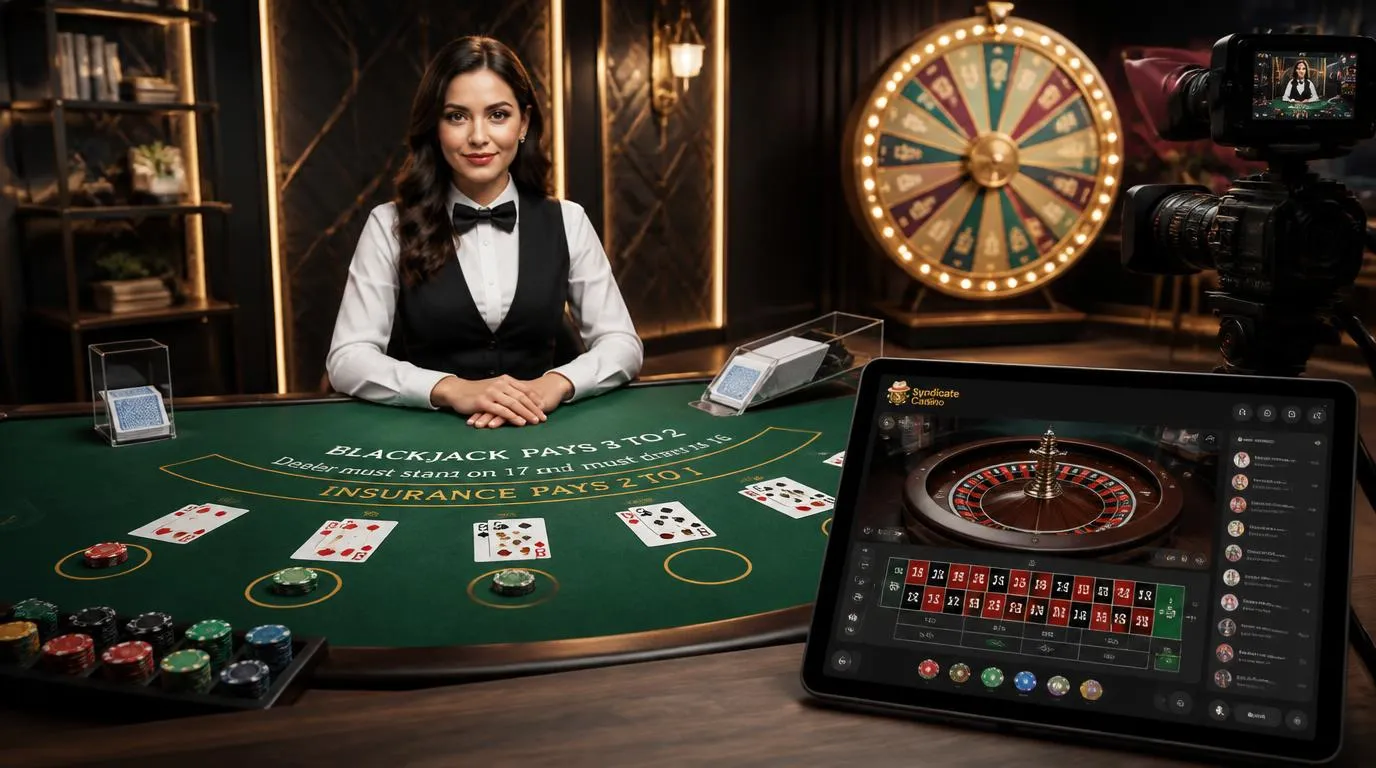 Krupierka przy stole blackjacka i ekran z transmisją ruletki na żywo oraz czytelnym panelem zakładów