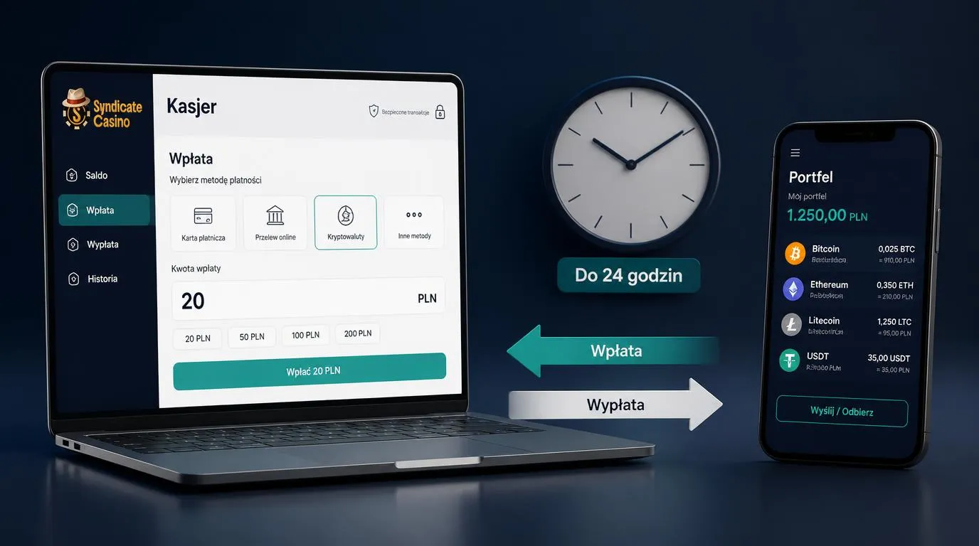 Panel płatności z kwotą 20 PLN, zegarem do 24 godzin i portfelem kryptowalutowym